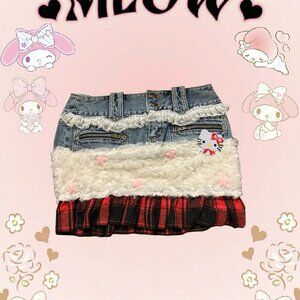 Unique denim skirt with fuzzy red plaid underskirt